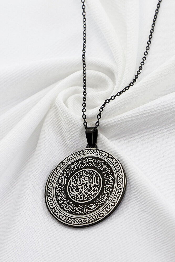Siyah Renkli 316L Çelik Hat Nazar Ayeti § La İlahe İllallah Lazer Kazıma Kolye 3cm