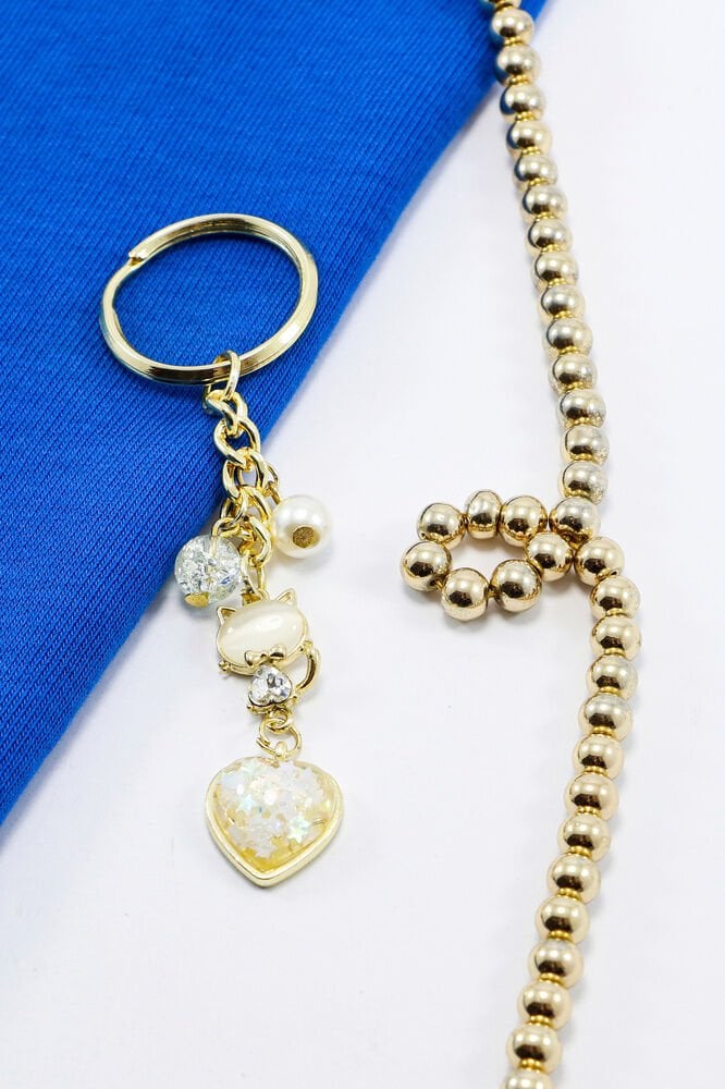 Necef Taşlı İncili Parlak Taşlı Gold Renkli Metal Kedicik Anahtarlık, Sevimli Minik Charm