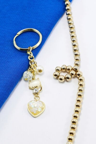 Necef Taşlı İncili Parlak Taşlı Gold Renkli Metal Kedicik Anahtarlık, Sevimli Minik Charm