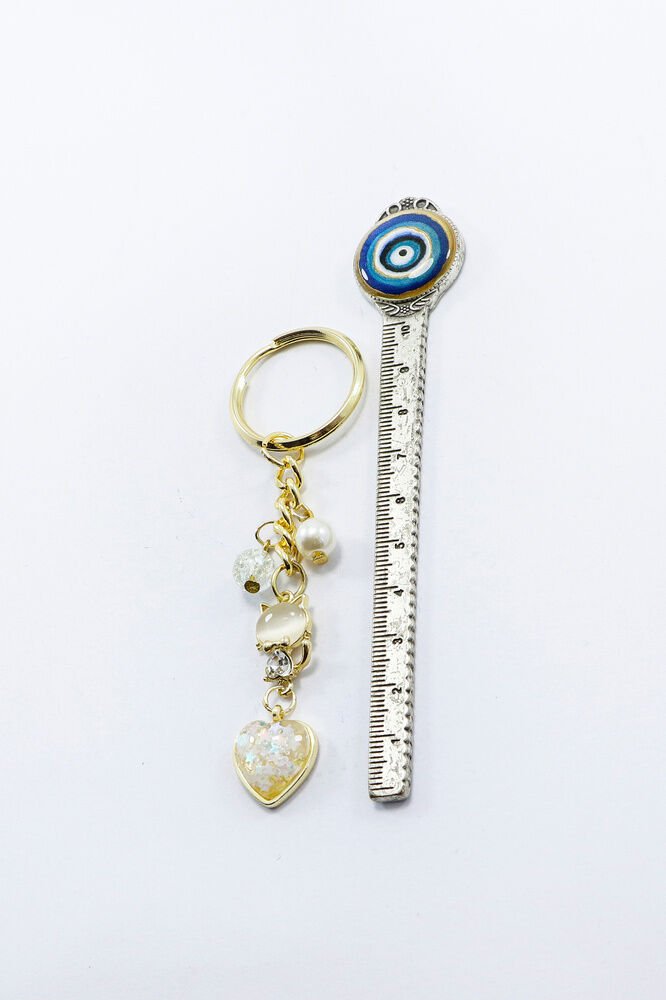 Necef Taşlı İncili Parlak Taşlı Gold Renkli Metal Kedicik Anahtarlık, Sevimli Minik Charm