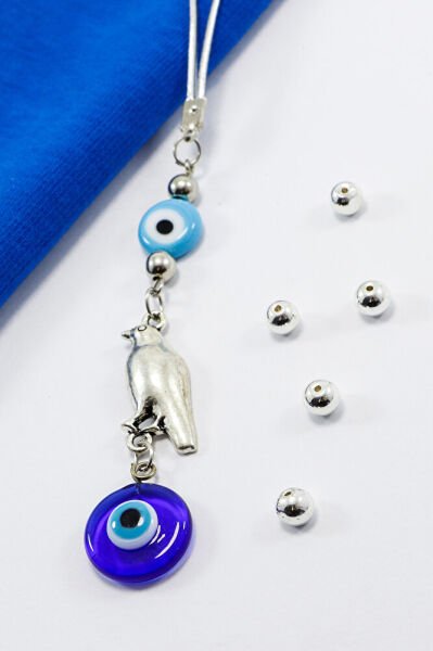 Mavi Cam Yassı Nazar Boncuklu Kuşlu El Yapımı Cam Nazar Boncuklu Araba Dikiz Ayna Süsü