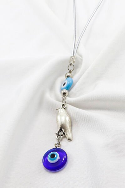 Mavi Cam Yassı Nazar Boncuklu Kuşlu El Yapımı Cam Nazar Boncuklu Araba Dikiz Ayna Süsü