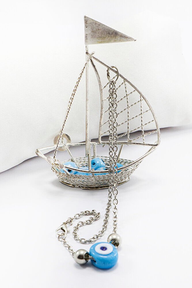 Silver Colored Blue Glass Evil Eye Beaded Sailing Car Rear View Mirror Ornament with Chain New Car Gift