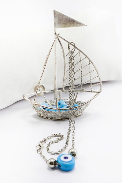 Silver Colored Blue Glass Evil Eye Beaded Sailing Car Rear View Mirror Ornament with Chain New Car Gift