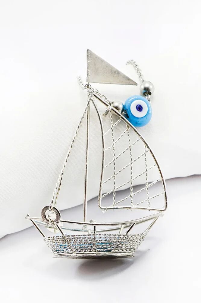 Silver Colored Blue Glass Evil Eye Beaded Sailing Car Rear View Mirror Ornament with Chain New Car Gift