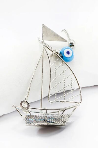 Silver Colored Blue Glass Evil Eye Beaded Sailing Car Rear View Mirror Ornament with Chain New Car Gift