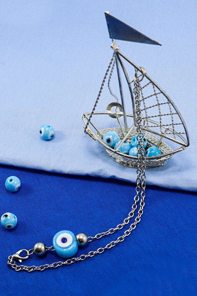 Silver Colored Blue Glass Evil Eye Beaded Sailing Car Rear View Mirror Ornament with Chain New Car Gift