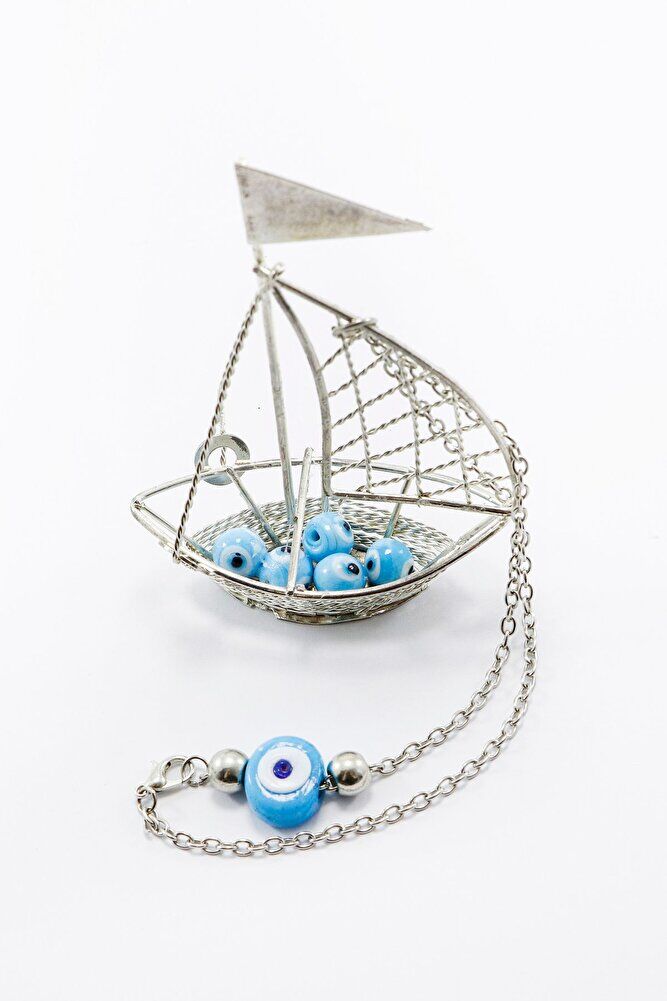 Silver Colored Blue Glass Evil Eye Beaded Sailing Car Rear View Mirror Ornament with Chain New Car Gift
