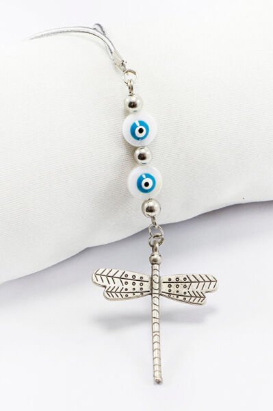 El Yapımı Beyaz Nazar Boncuklu Yusufçuk Araba Dikiz Ayna Süsü, Yeni Araba Hediyesi