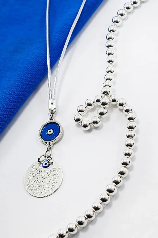 Metal Evil Eye Bead Car Rearview Mirror Ornament Metal Ayetel Kursi, Silver Color Luxury New Car Gift