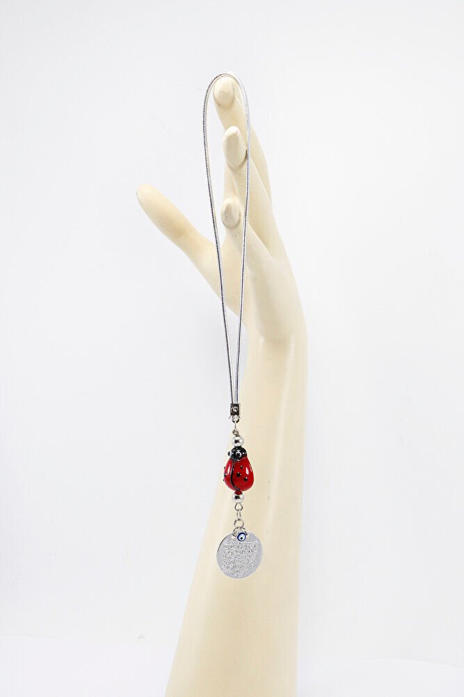 El Yapımı Cam Uğur Böcekli Küçük Metal Ayetel Kürsi Araba Dikiz Ayna Süsü Gümüş Renkli