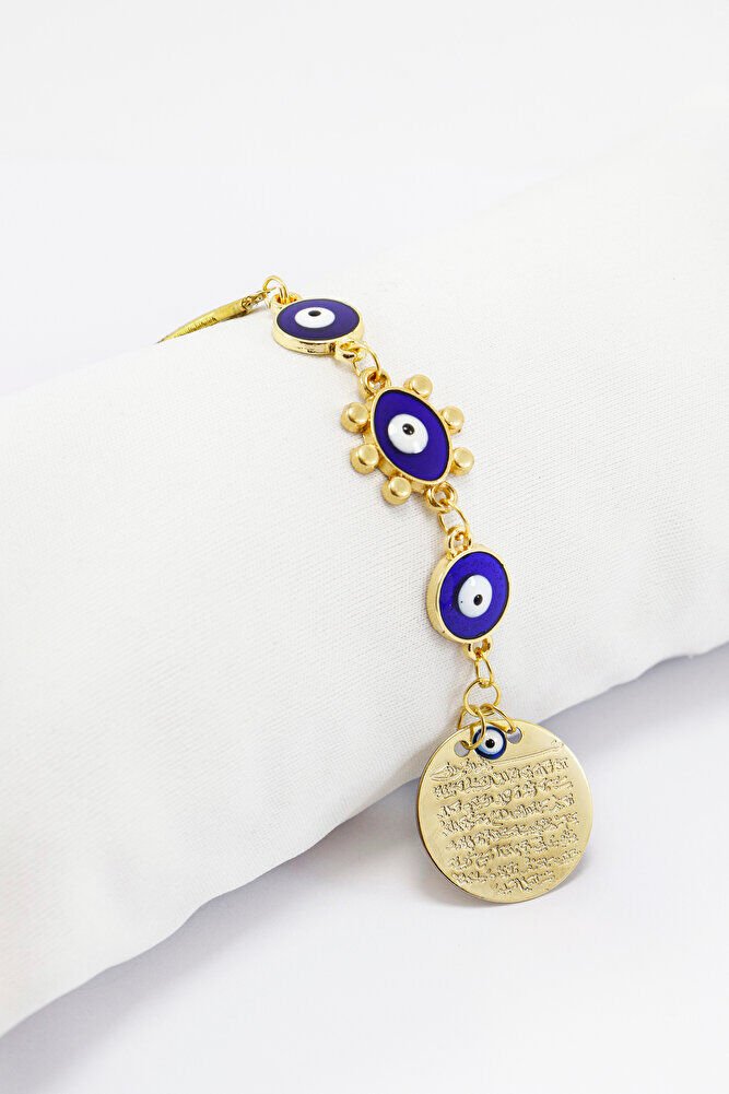 Lacivert Boncuklu Güneş Figürlü Küçük Metal Ayetel Kürsi Araba Dikiz Ayna Süsü Gold Renkli