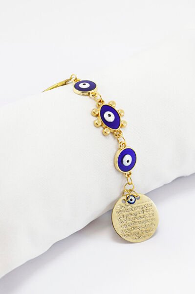 Lacivert Boncuklu Güneş Figürlü Küçük Metal Ayetel Kürsi Araba Dikiz Ayna Süsü Gold Renkli