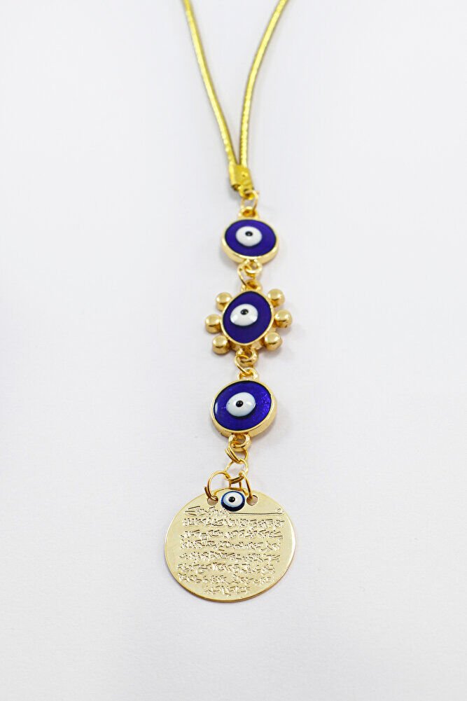 Lacivert Boncuklu Güneş Figürlü Küçük Metal Ayetel Kürsi Araba Dikiz Ayna Süsü Gold Renkli