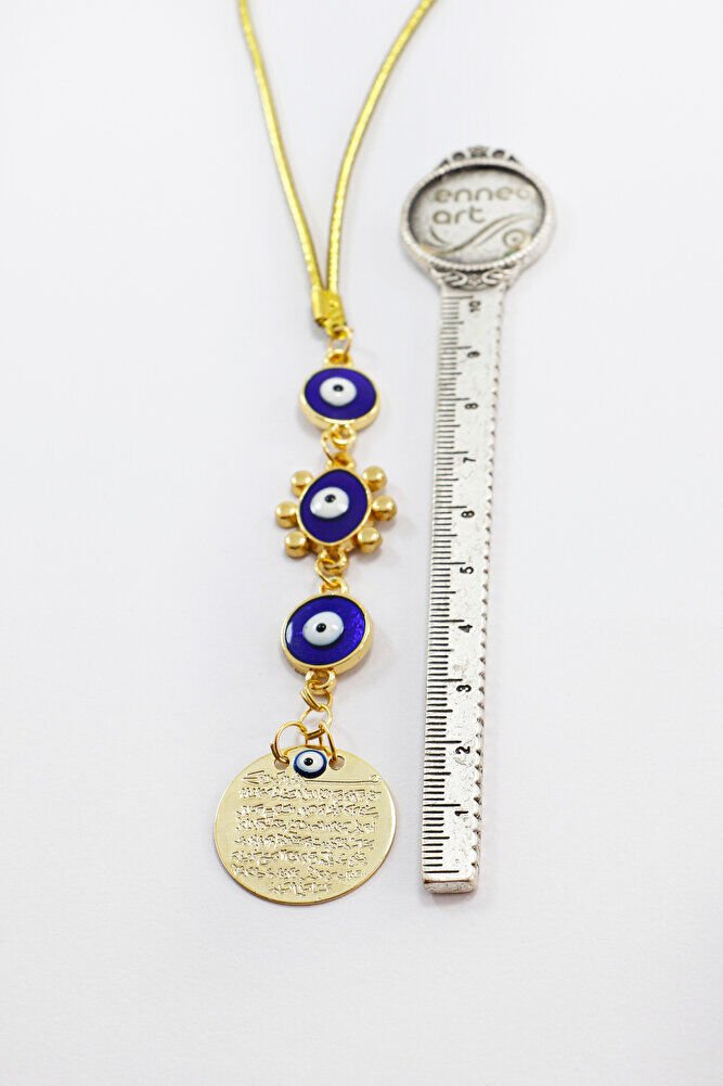 Lacivert Boncuklu Güneş Figürlü Küçük Metal Ayetel Kürsi Araba Dikiz Ayna Süsü Gold Renkli