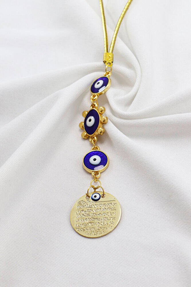 Lacivert Boncuklu Güneş Figürlü Küçük Metal Ayetel Kürsi Araba Dikiz Ayna Süsü Gold Renkli