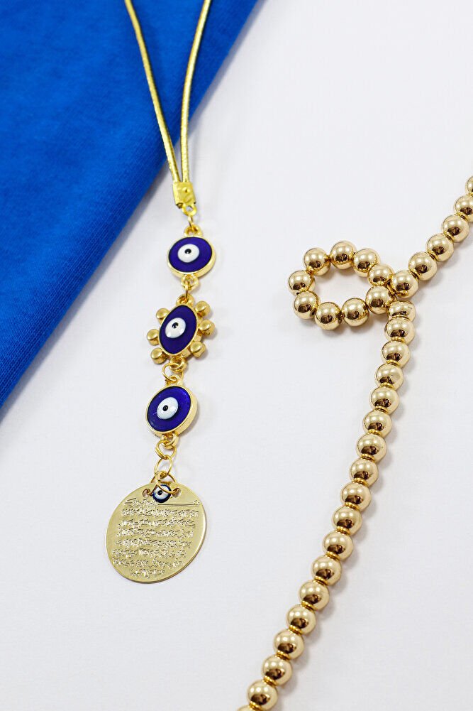 Lacivert Boncuklu Güneş Figürlü Küçük Metal Ayetel Kürsi Araba Dikiz Ayna Süsü Gold Renkli