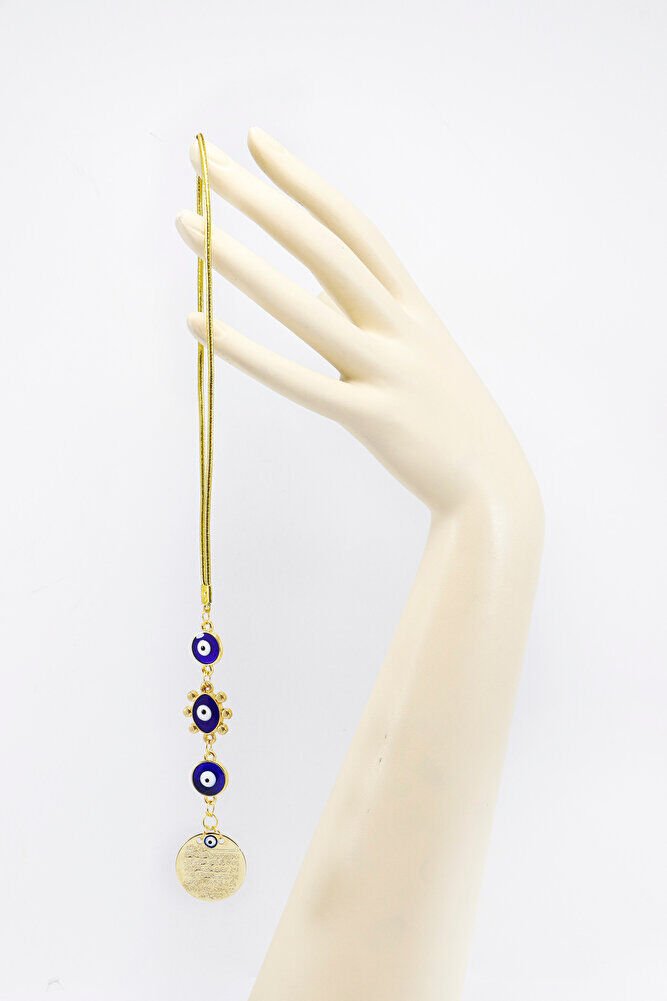 Lacivert Boncuklu Güneş Figürlü Küçük Metal Ayetel Kürsi Araba Dikiz Ayna Süsü Gold Renkli