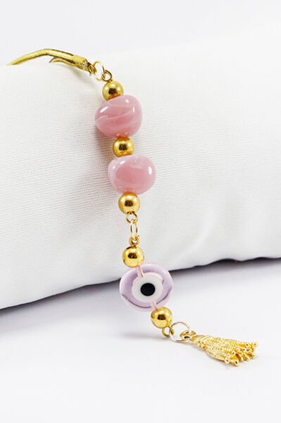 El Yapımı Pembe Boncuklu Püsküllü Yassı Nazar Araba Dikiz Ayna Süsü, Yeni Araba Hediyesi