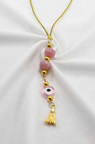 El Yapımı Pembe Boncuklu Püsküllü Yassı Nazar Araba Dikiz Ayna Süsü, Yeni Araba Hediyesi