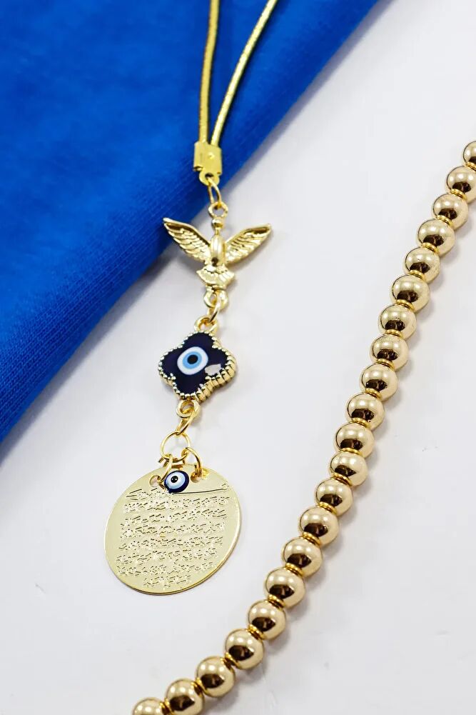 Uçan Anka Kuşu Nazarlı Küçük Metal Ayetel Kürsi Araba Dikiz Ayna Süsü Gold Renkli