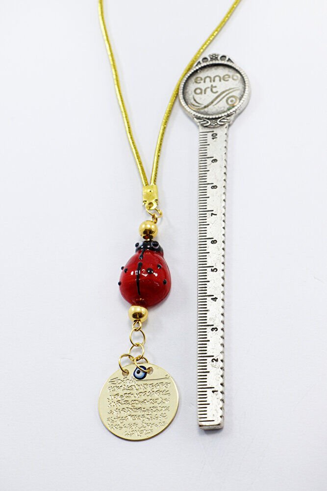 El Yapımı Cam Uğur Böcekli Küçük Metal Ayetel Kürsi Araba Dikiz Ayna Süsü Gold Renkli