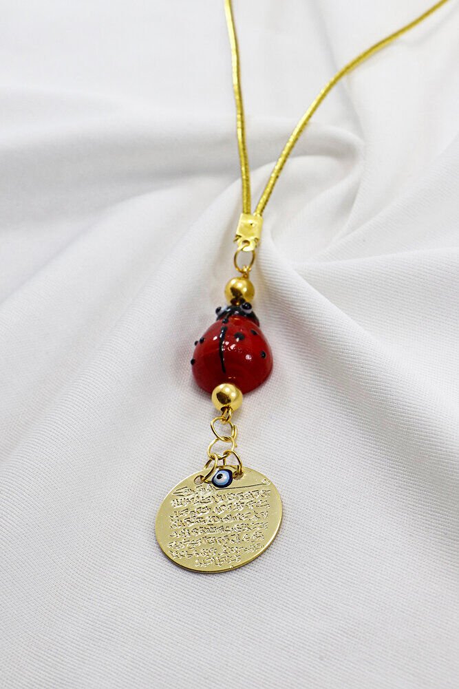 El Yapımı Cam Uğur Böcekli Küçük Metal Ayetel Kürsi Araba Dikiz Ayna Süsü Gold Renkli