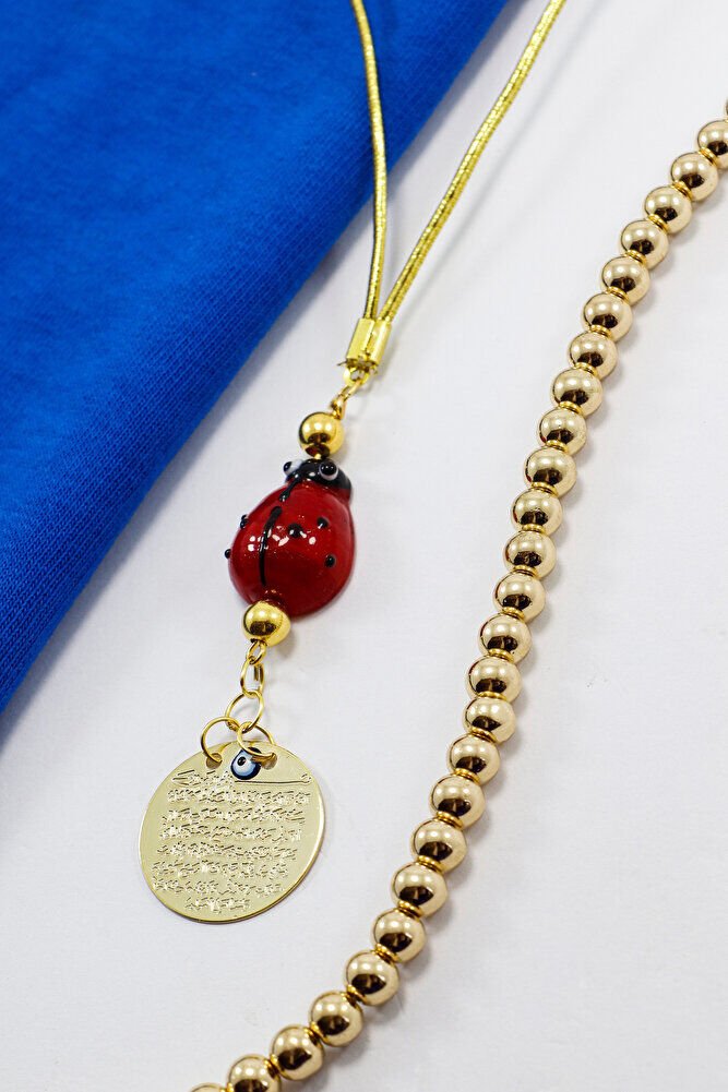 El Yapımı Cam Uğur Böcekli Küçük Metal Ayetel Kürsi Araba Dikiz Ayna Süsü Gold Renkli