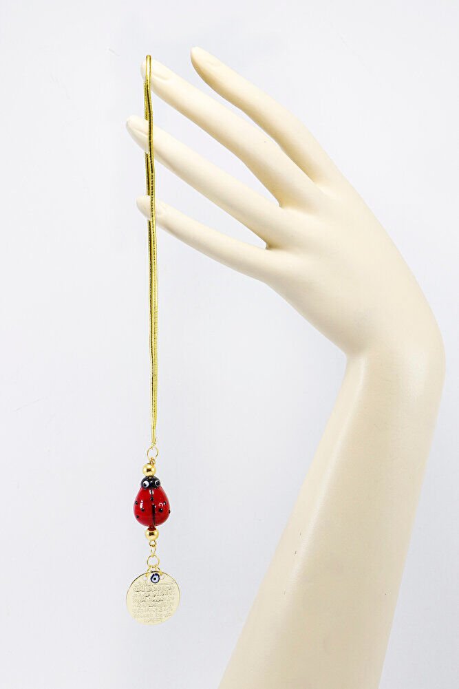 El Yapımı Cam Uğur Böcekli Küçük Metal Ayetel Kürsi Araba Dikiz Ayna Süsü Gold Renkli