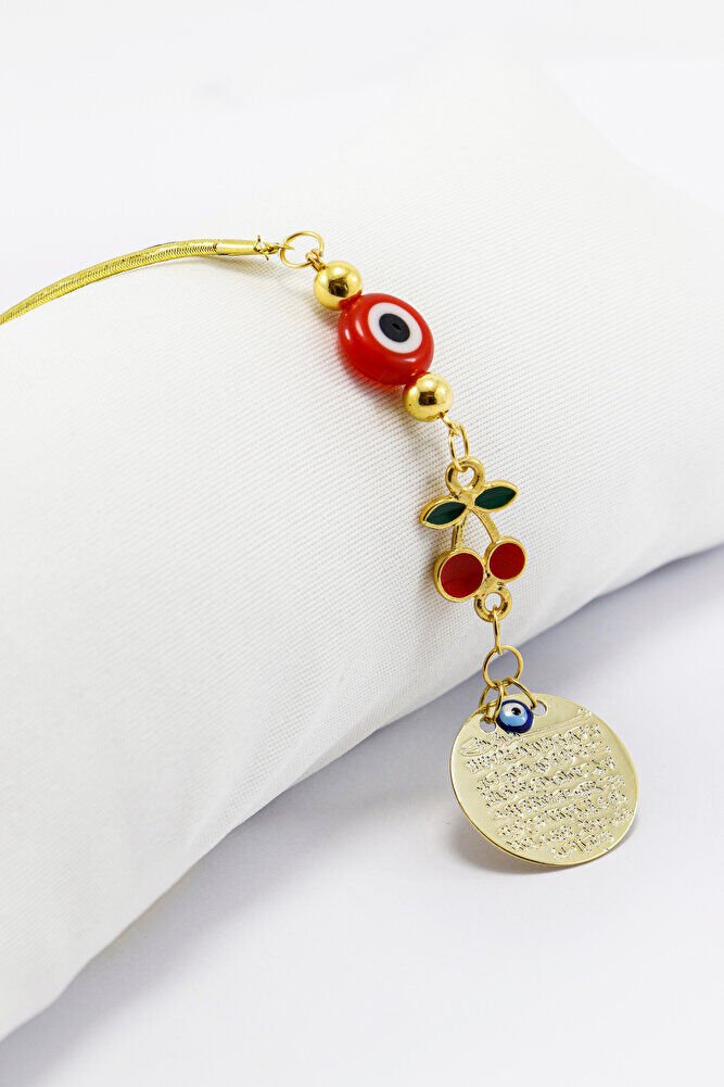 Cam Kırmızı Yassı Boncuklu Kirazlı Küçük Metal Ayetel Kürsi Araba Dikiz Ayna Süsü Gold Renkli