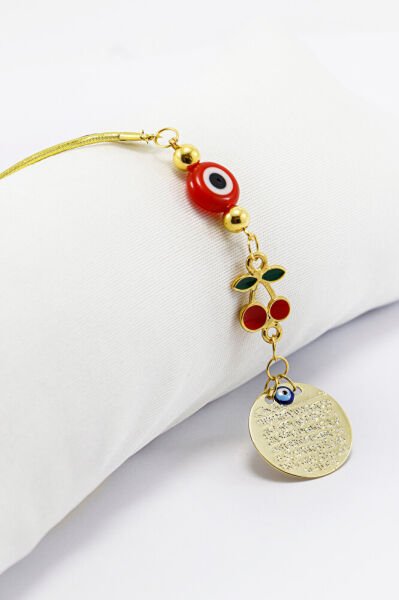 Cam Kırmızı Yassı Boncuklu Kirazlı Küçük Metal Ayetel Kürsi Araba Dikiz Ayna Süsü Gold Renkli