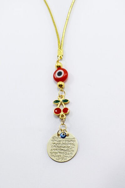 Cam Kırmızı Yassı Boncuklu Kirazlı Küçük Metal Ayetel Kürsi Araba Dikiz Ayna Süsü Gold Renkli