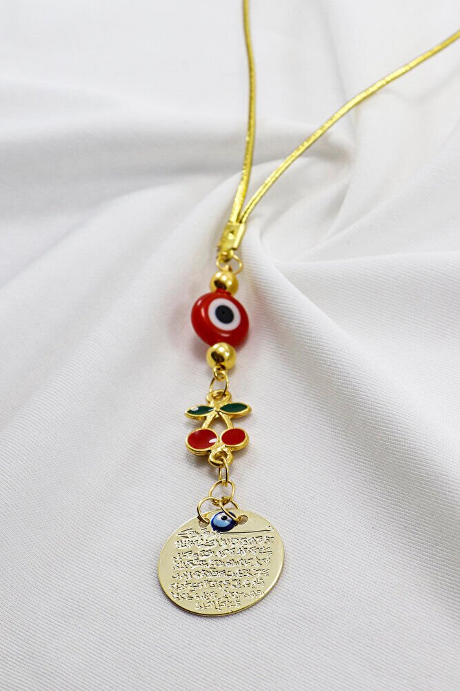 Cam Kırmızı Yassı Boncuklu Kirazlı Küçük Metal Ayetel Kürsi Araba Dikiz Ayna Süsü Gold Renkli