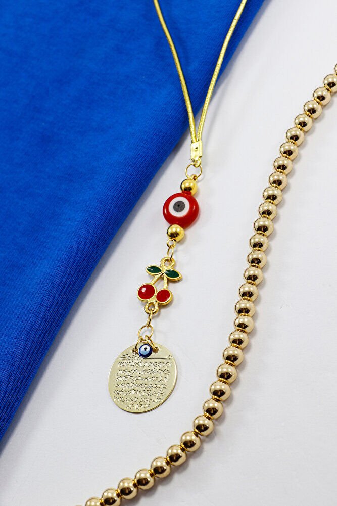 Cam Kırmızı Yassı Boncuklu Kirazlı Küçük Metal Ayetel Kürsi Araba Dikiz Ayna Süsü Gold Renkli