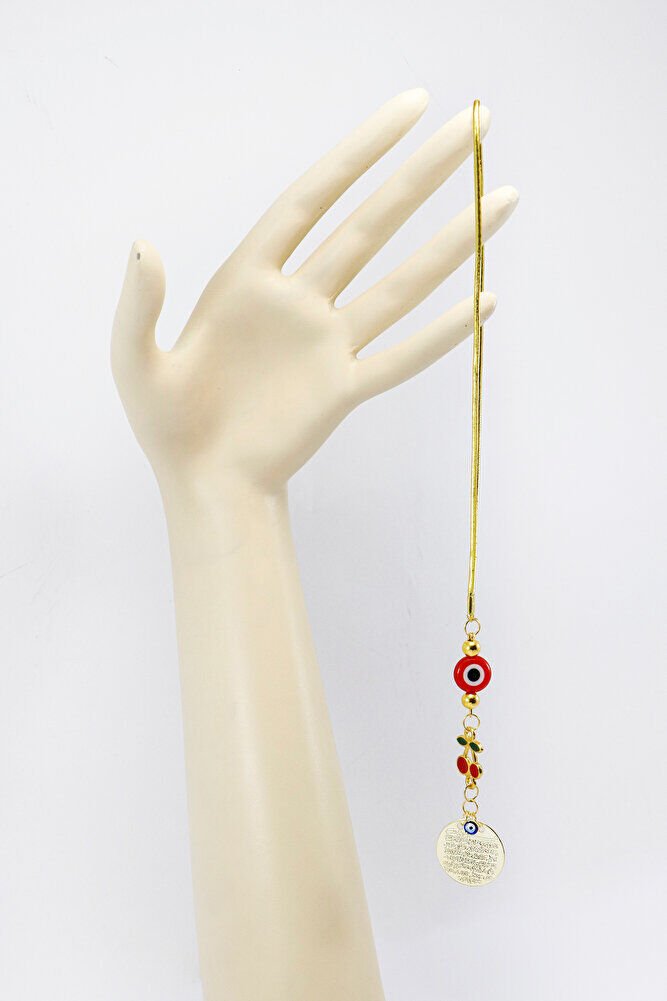 Cam Kırmızı Yassı Boncuklu Kirazlı Küçük Metal Ayetel Kürsi Araba Dikiz Ayna Süsü Gold Renkli