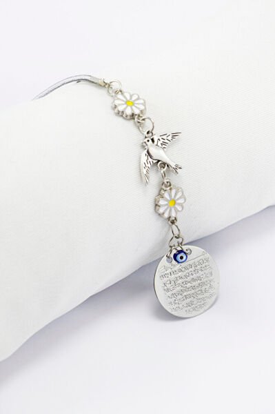 Papatyalı Uçan Kuş Küçük Metal Ayetel Kürsi Araba Dikiz Ayna Süsü Gümüş Renkli