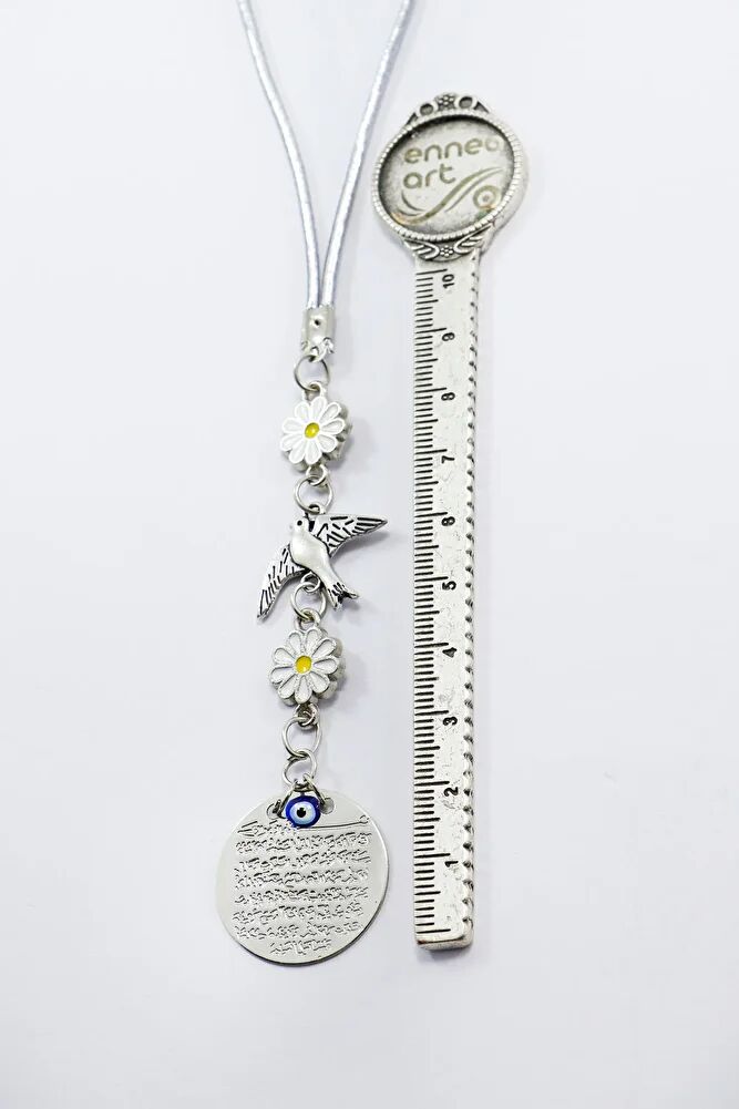 Papatyalı Uçan Kuş Küçük Metal Ayetel Kürsi Araba Dikiz Ayna Süsü Gümüş Renkli