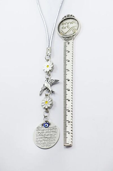 Papatyalı Uçan Kuş Küçük Metal Ayetel Kürsi Araba Dikiz Ayna Süsü Gümüş Renkli