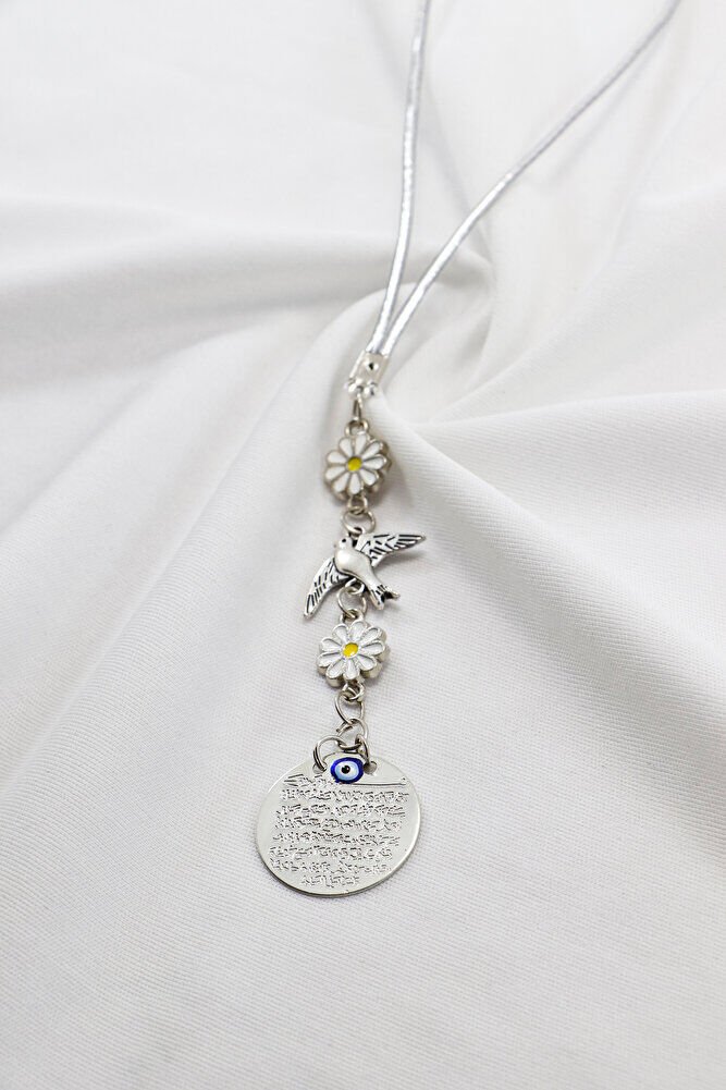 Papatyalı Uçan Kuş Küçük Metal Ayetel Kürsi Araba Dikiz Ayna Süsü Gümüş Renkli