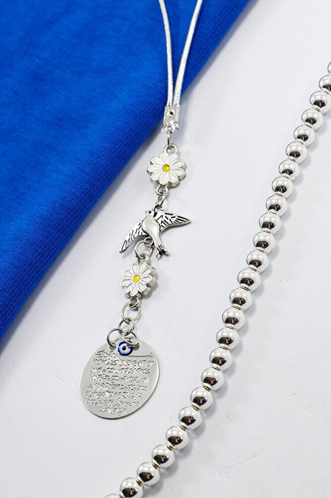 Papatyalı Uçan Kuş Küçük Metal Ayetel Kürsi Araba Dikiz Ayna Süsü Gümüş Renkli