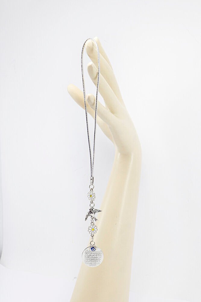 Papatyalı Uçan Kuş Küçük Metal Ayetel Kürsi Araba Dikiz Ayna Süsü Gümüş Renkli