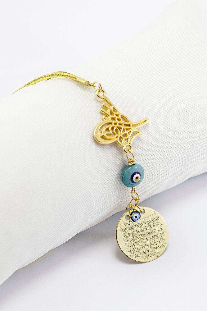 Ottoman Tughra Blue Evil Eye Beaded Small Metal Ayetel Kursi Car Rearview Mirror Ornament in Gold Color