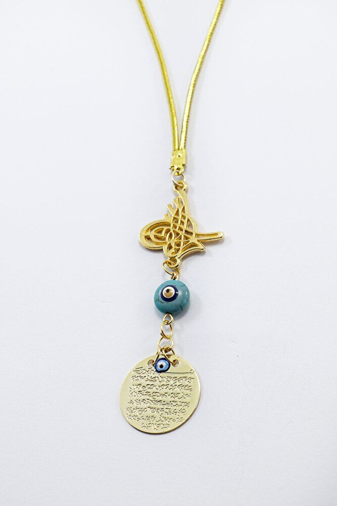 Ottoman Tughra Blue Evil Eye Beaded Small Metal Ayetel Kursi Car Rearview Mirror Ornament in Gold Color