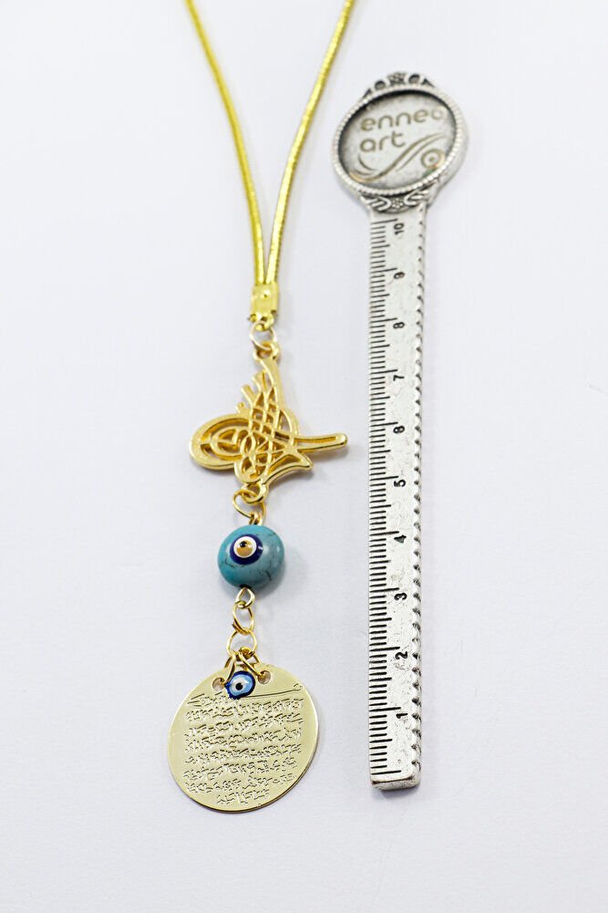 Ottoman Tughra Blue Evil Eye Beaded Small Metal Ayetel Kursi Car Rearview Mirror Ornament in Gold Color