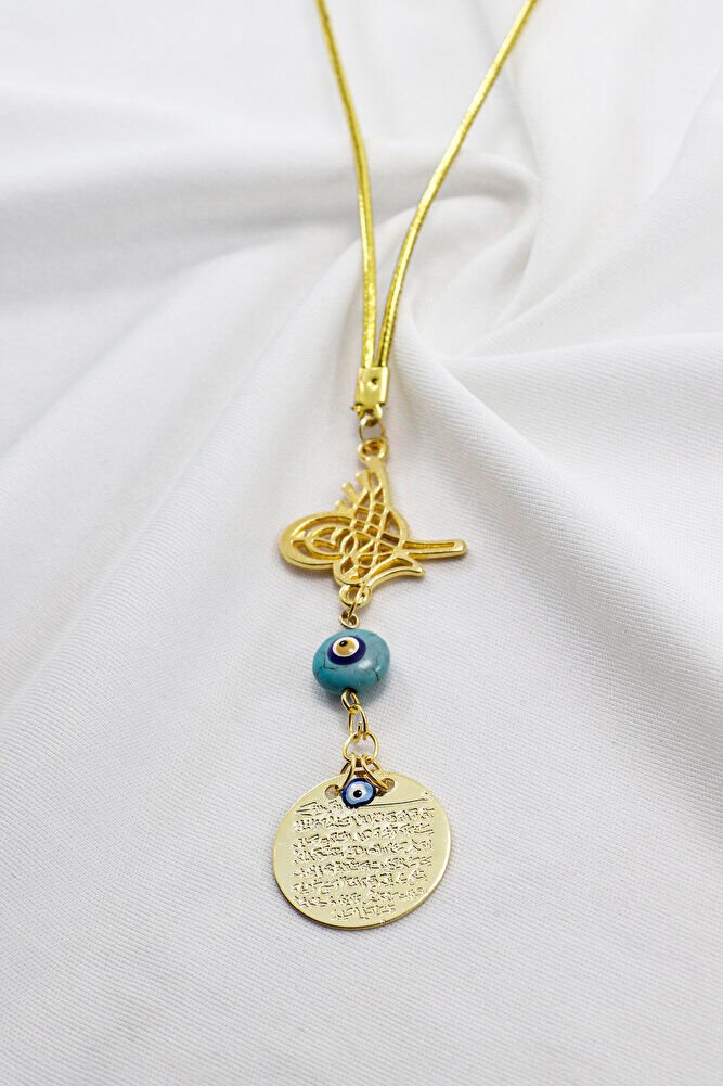 Ottoman Tughra Blue Evil Eye Beaded Small Metal Ayetel Kursi Car Rearview Mirror Ornament in Gold Color