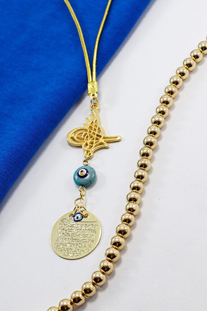 Ottoman Tughra Blue Evil Eye Beaded Small Metal Ayetel Kursi Car Rearview Mirror Ornament in Gold Color