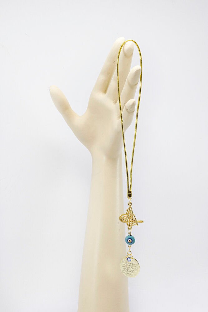 Ottoman Tughra Blue Evil Eye Beaded Small Metal Ayetel Kursi Car Rearview Mirror Ornament in Gold Color