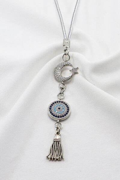 Gümüş Renkli Parlak Taşlı Ay Yıldız Püsküllü Zirkon Araba Dikiz Ayna Süsü, Yeni Araba Hediyesi