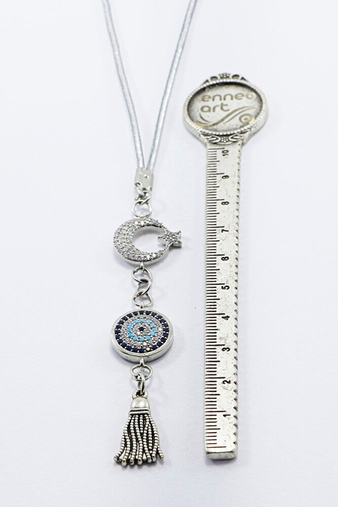 Gümüş Renkli Parlak Taşlı Ay Yıldız Püsküllü Zirkon Araba Dikiz Ayna Süsü, Yeni Araba Hediyesi