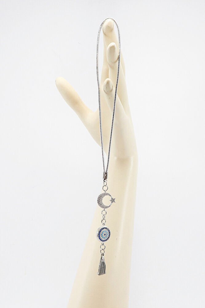 Gümüş Renkli Parlak Taşlı Ay Yıldız Püsküllü Zirkon Araba Dikiz Ayna Süsü, Yeni Araba Hediyesi